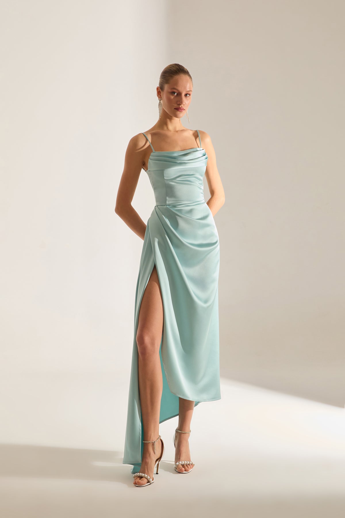 Violet TURQUOISE Satin Draped Strap Dress