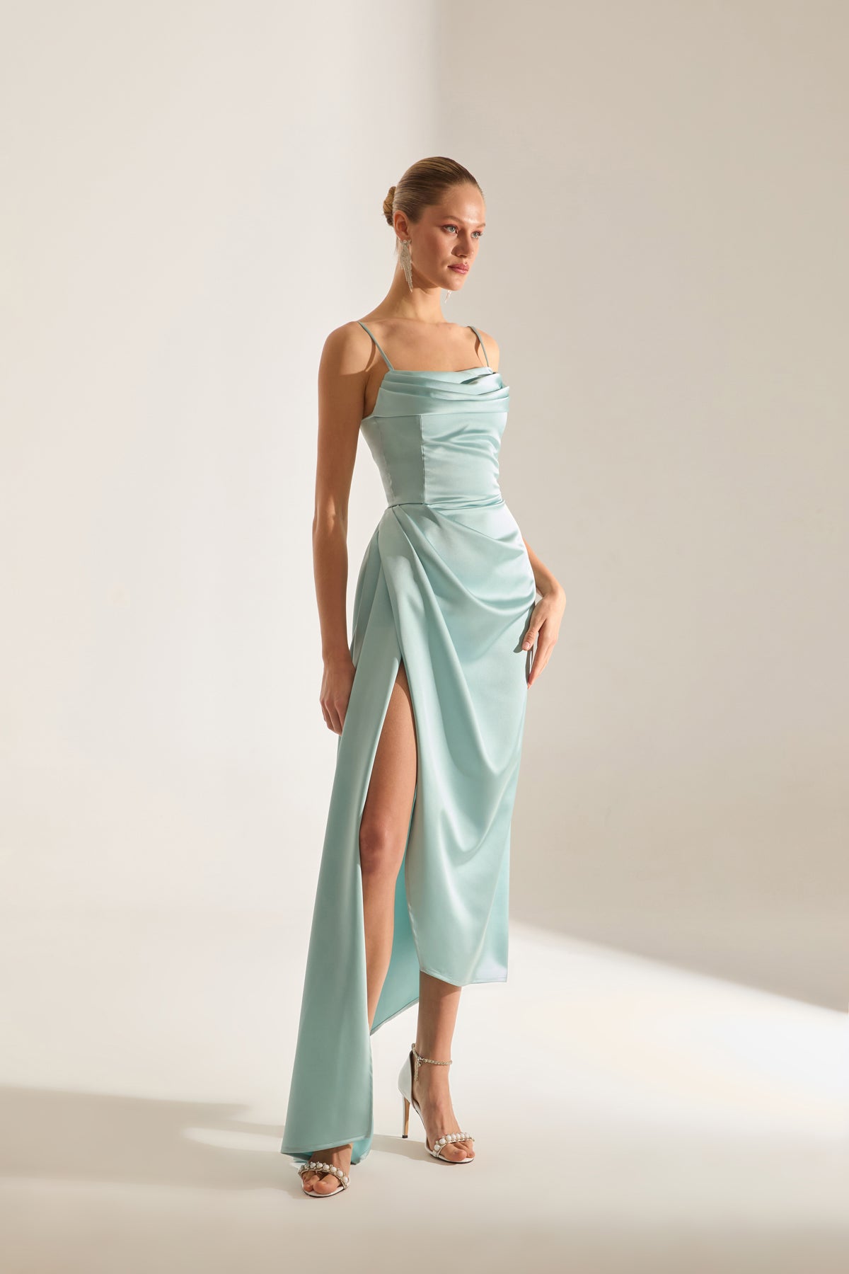 Violet TURQUOISE Satin Draped Strap Dress