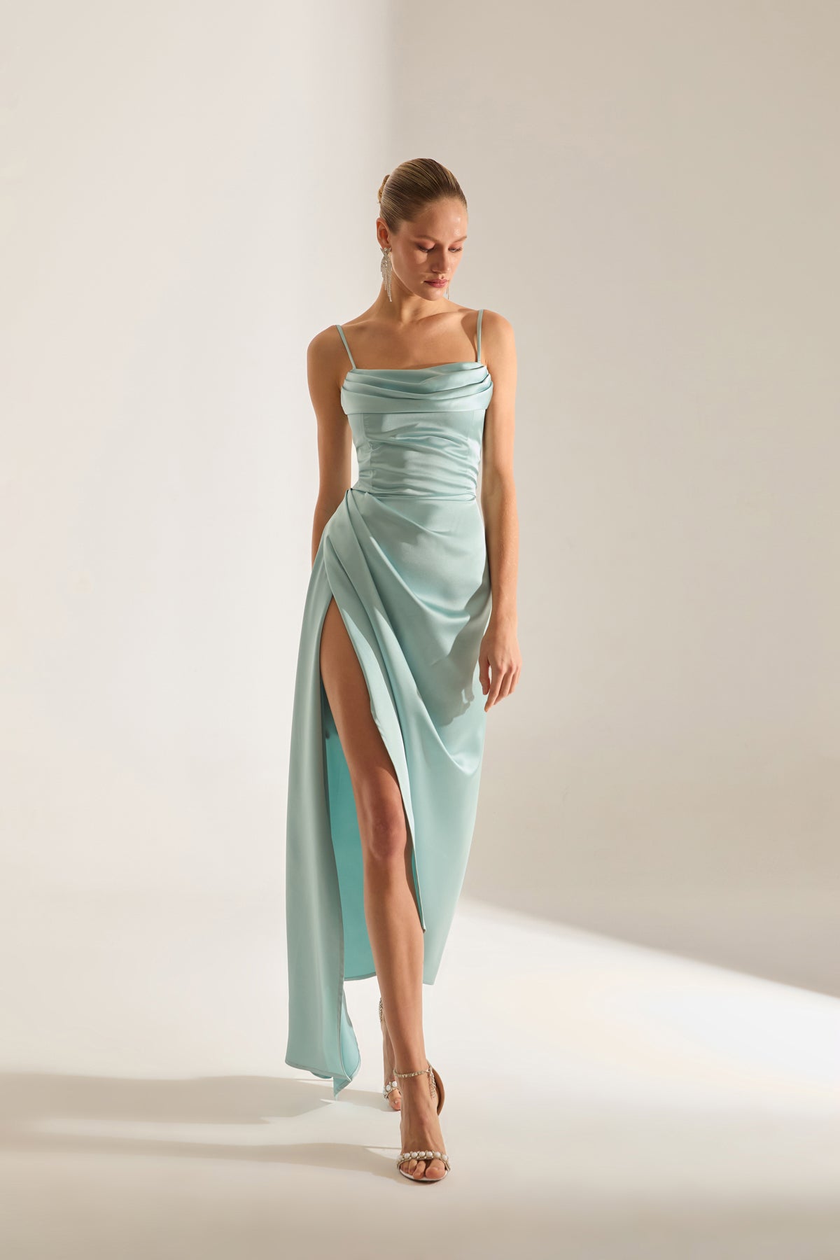 Violet TURQUOISE Satin Draped Strap Dress