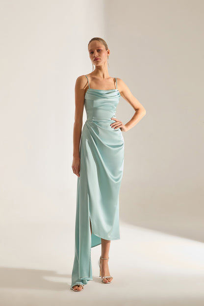 Violet TURQUOISE Satin Draped Strap Dress