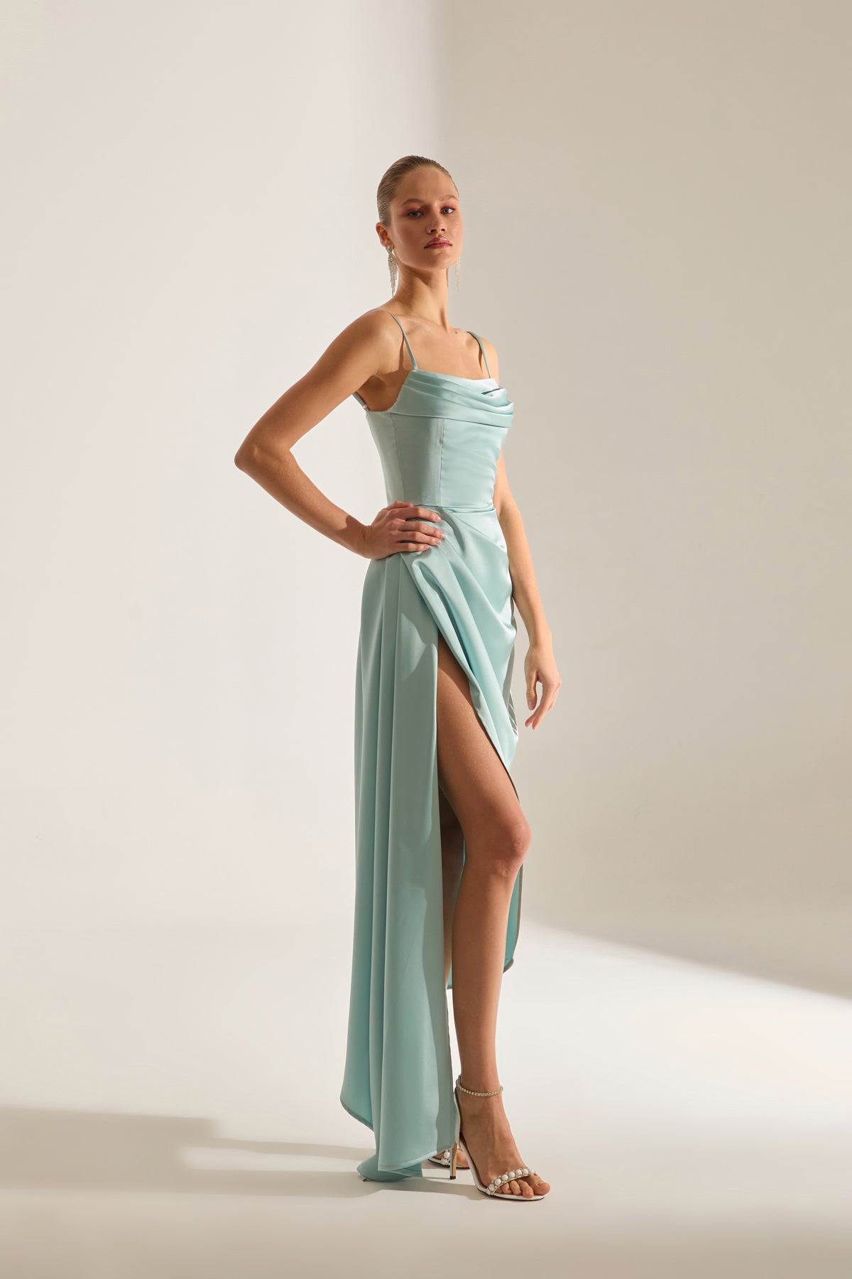 Violet TURQUOISE Satin Draped Strap Dress