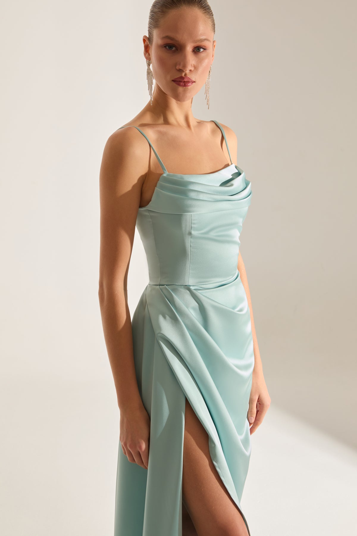 Violet TURQUOISE Satin Draped Strap Dress