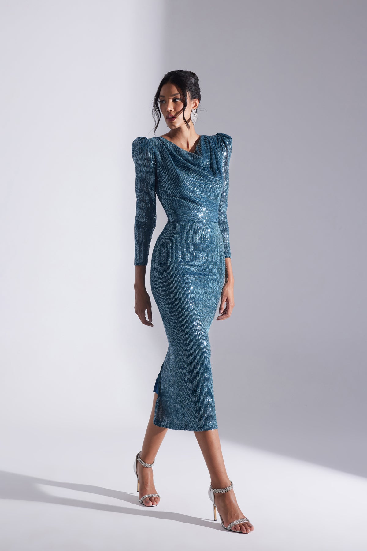 Draped Shoulder Pencil Skirt Dress with Glitter and Sequins for Engagement