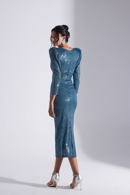 Draped Shoulder Pencil Skirt Dress with Glitter and Sequins for Engagement