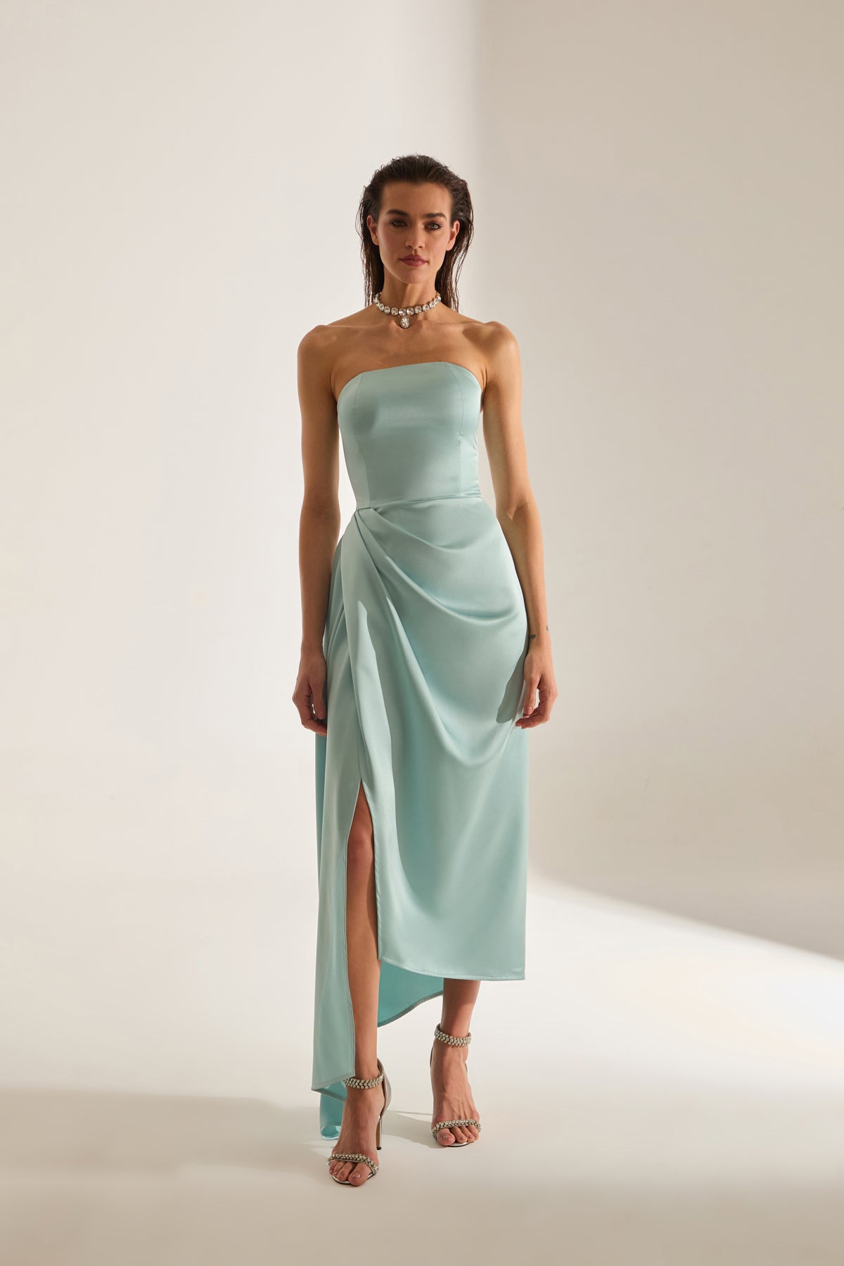 Morie Turkuaz Strapless Abendkleid