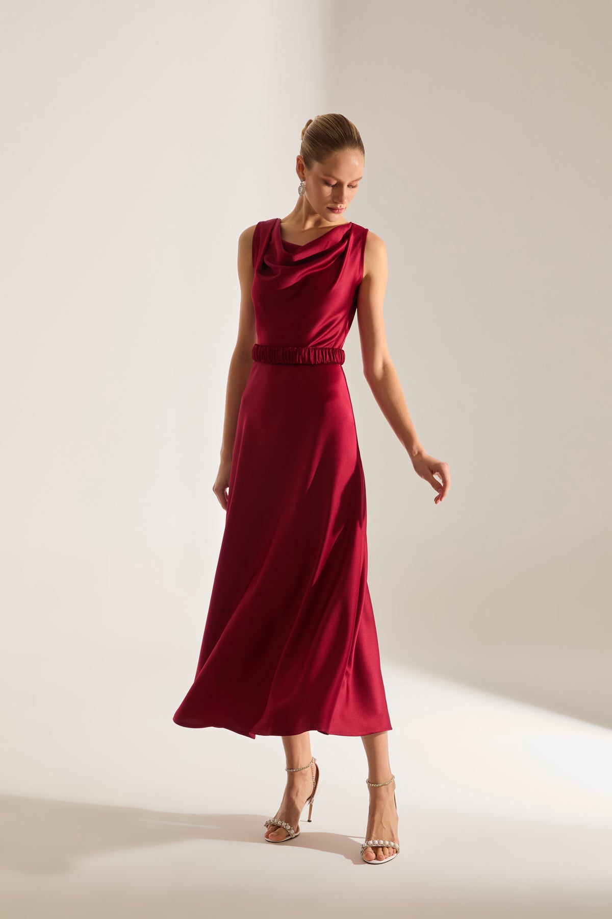 Marina Kolsuz Degaje Neck Flared Skirt Dark Red Engagement Dress