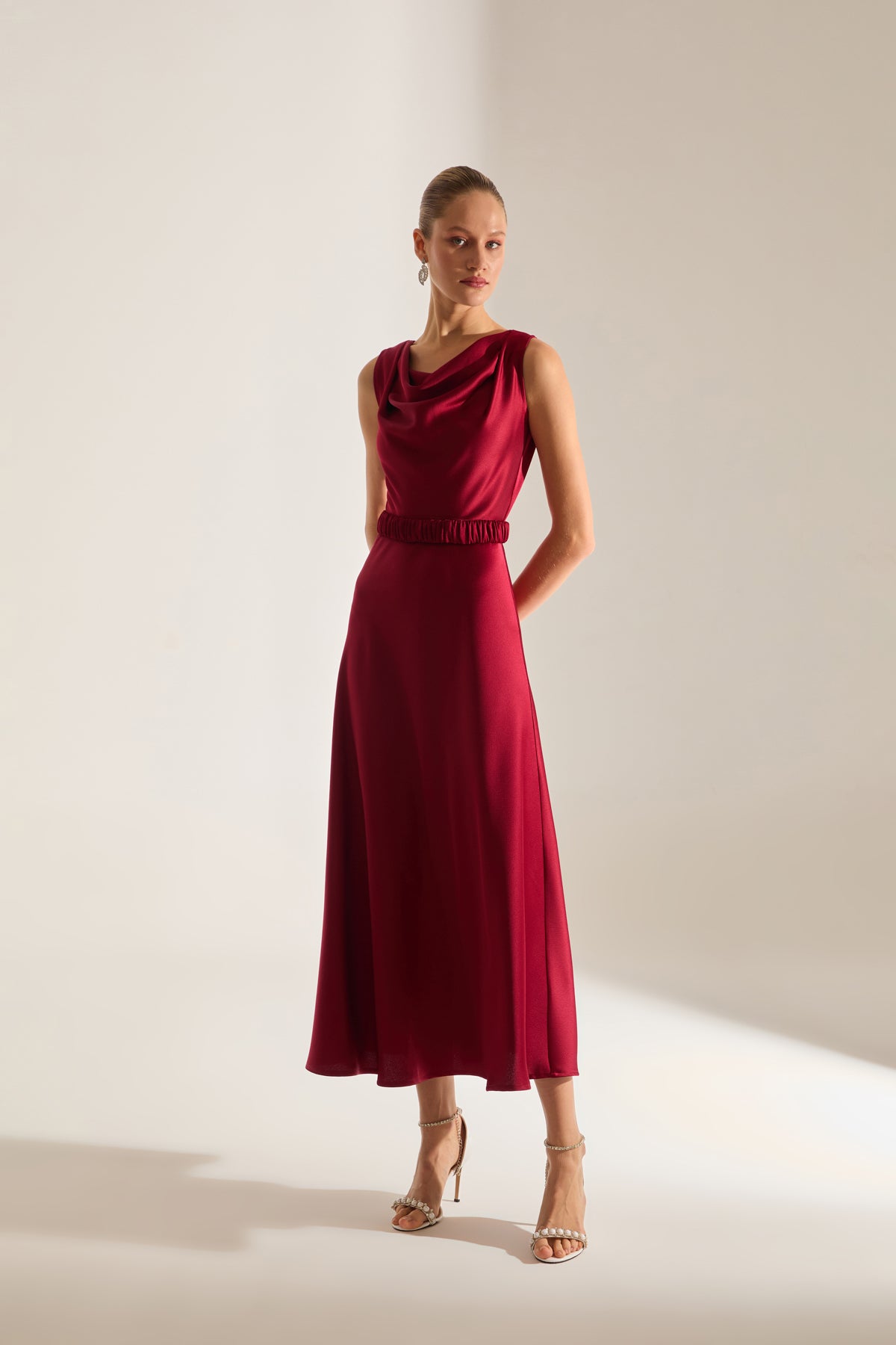 Marina Kolsuz Degaje Neck Flared Skirt Dark Red Engagement Dress