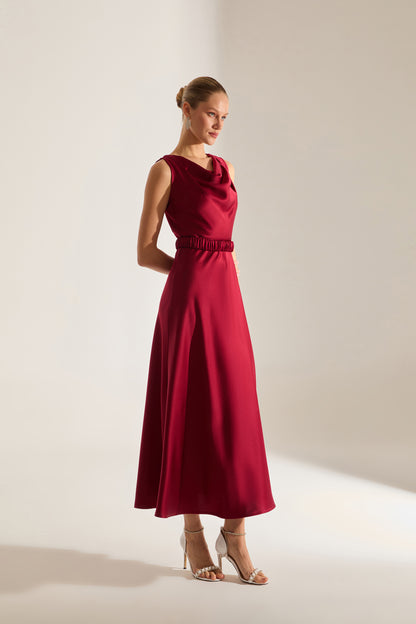 Marina Kolsuz Degaje Neck Flared Skirt Dark Red Engagement Dress