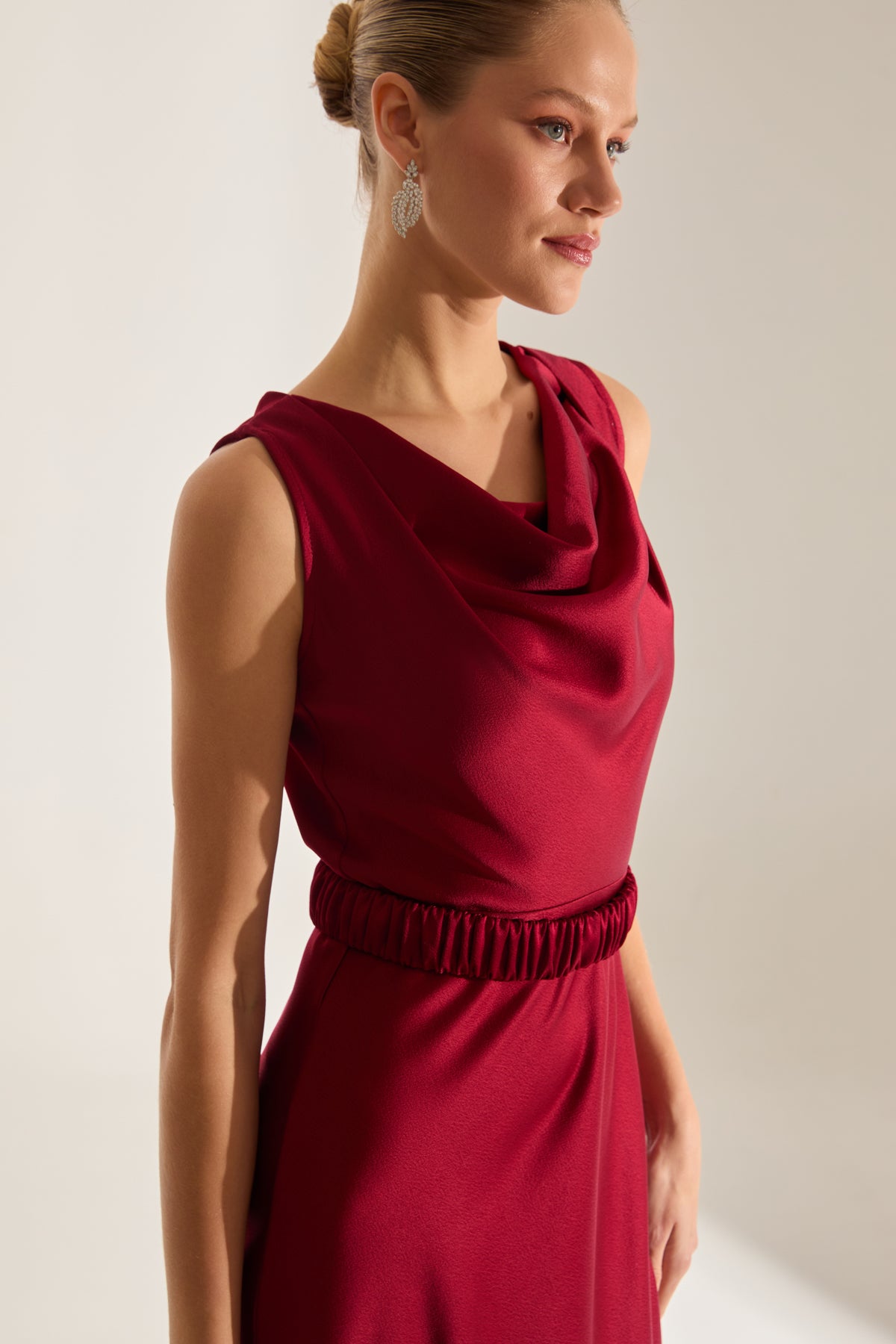 Marina Kolsuz Degaje Neck Flared Skirt Dark Red Engagement Dress