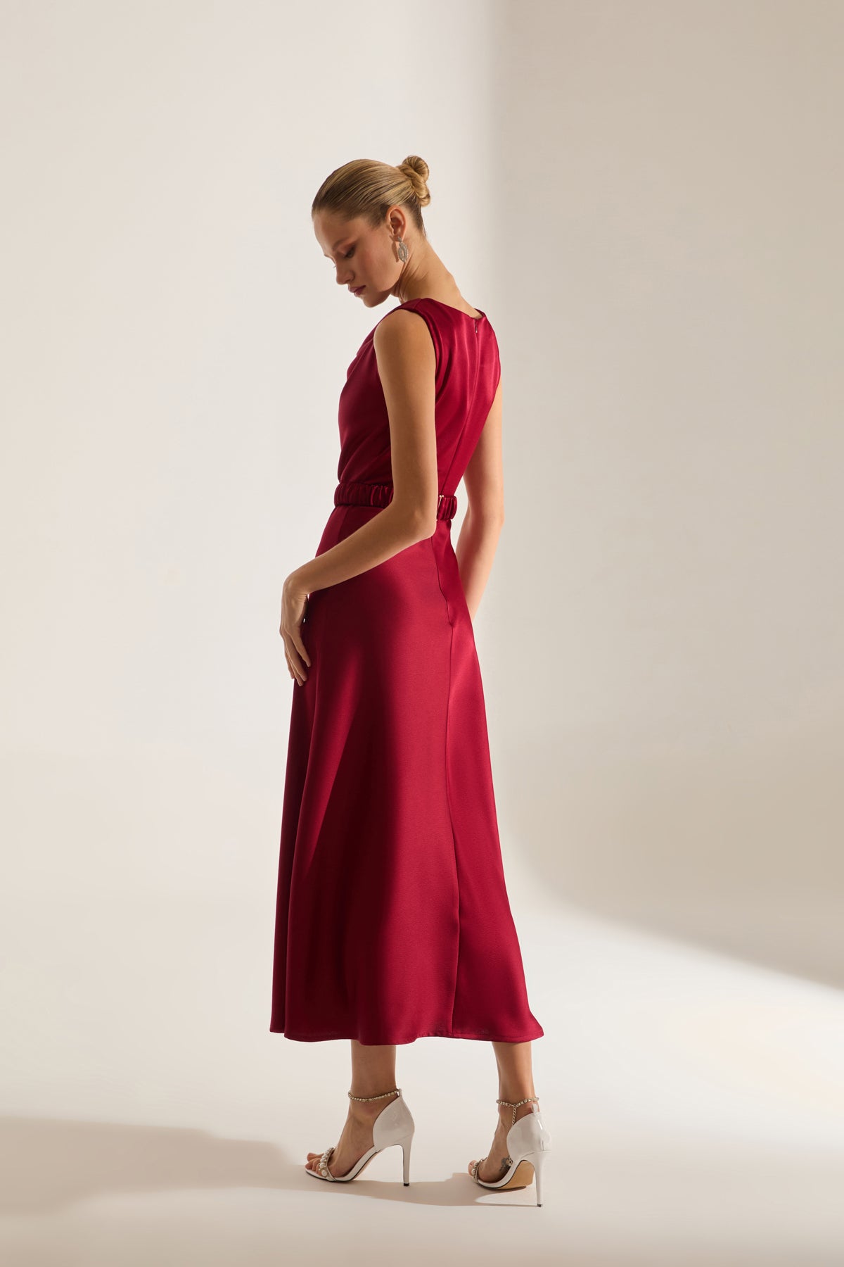 Marina Kolsuz Degaje Neck Flared Skirt Dark Red Engagement Dress