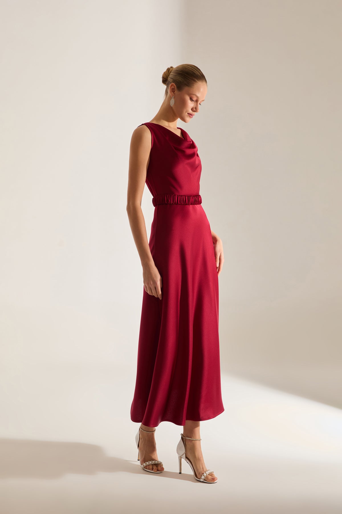 Marina Kolsuz Degaje Neck Flared Skirt Dark Red Engagement Dress