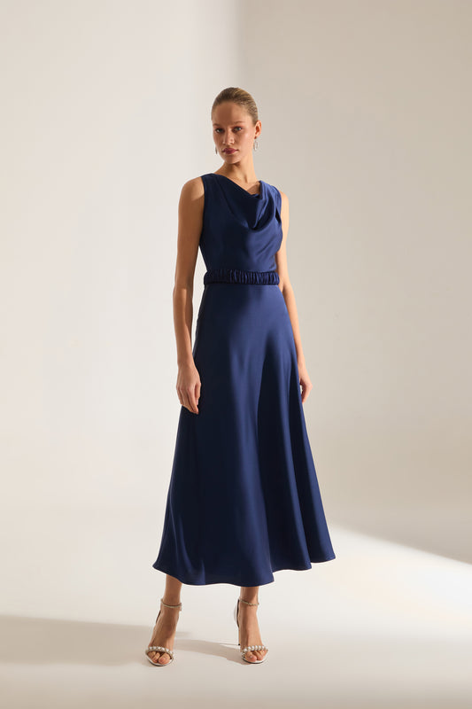 Marina Kolsuz Degaje Neck Flared Skirt Dark Blue Engagement Dress