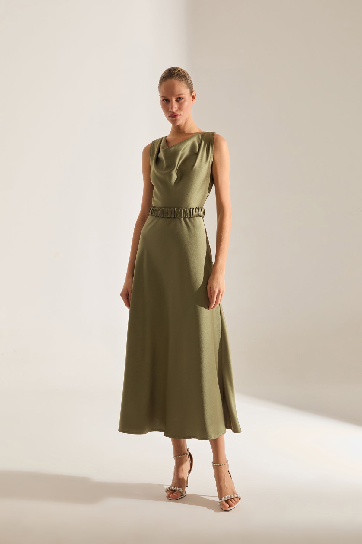 Marina Kolsuz Degaje Neck Flared Skirt Khaki Engagement Dress