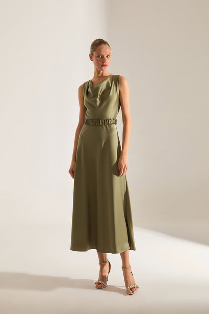 Marina Kolsuz Degaje Neck Flared Skirt Khaki Engagement Dress