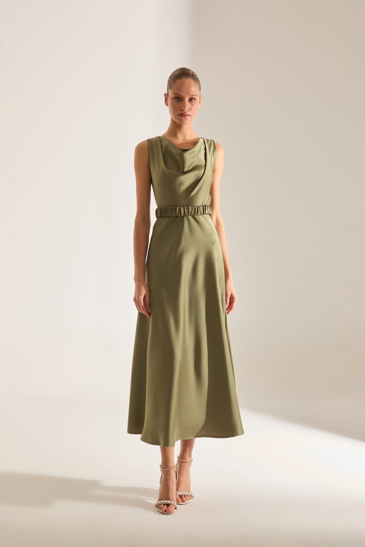 Marina Kolsuz Degaje Neck Flared Skirt Khaki Engagement Dress