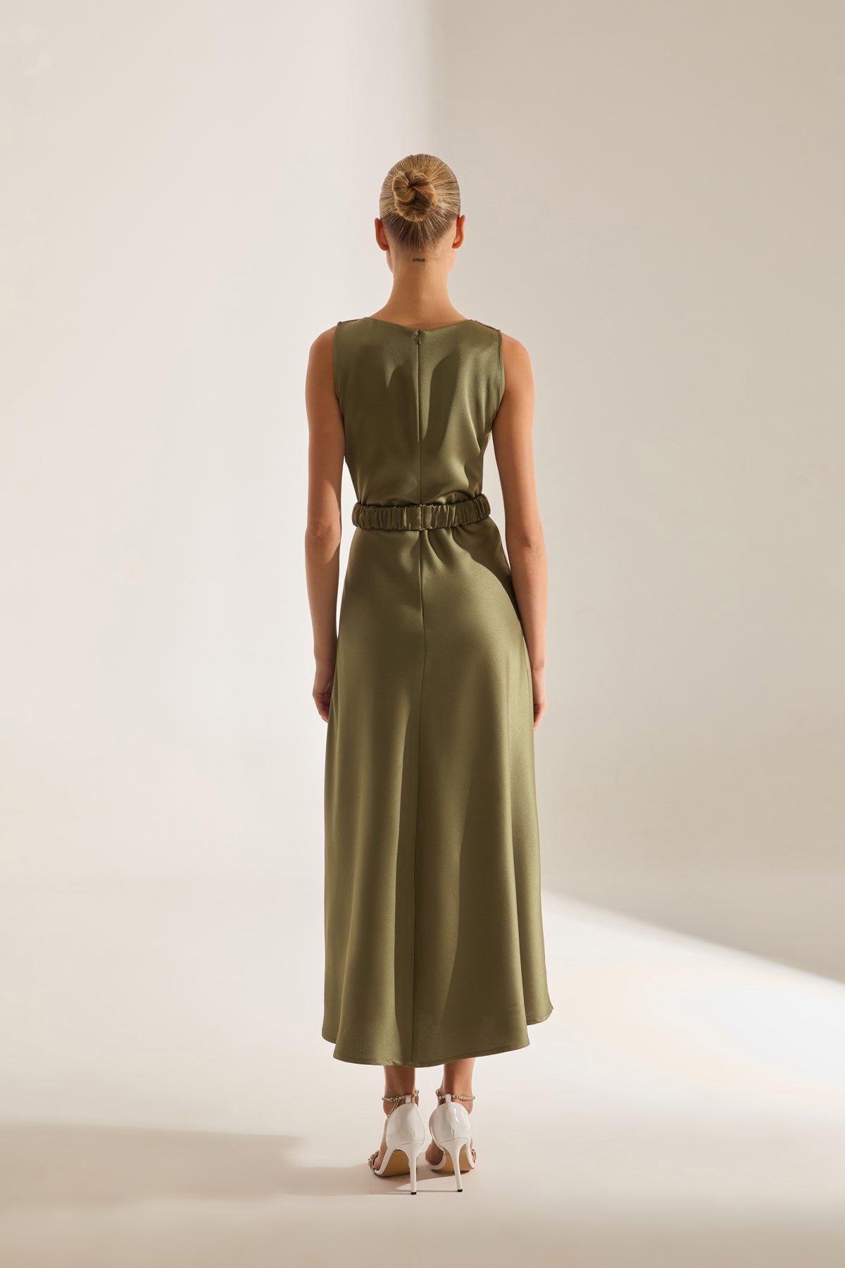 Marina Kolsuz Degaje Neck Flared Skirt Khaki Engagement Dress