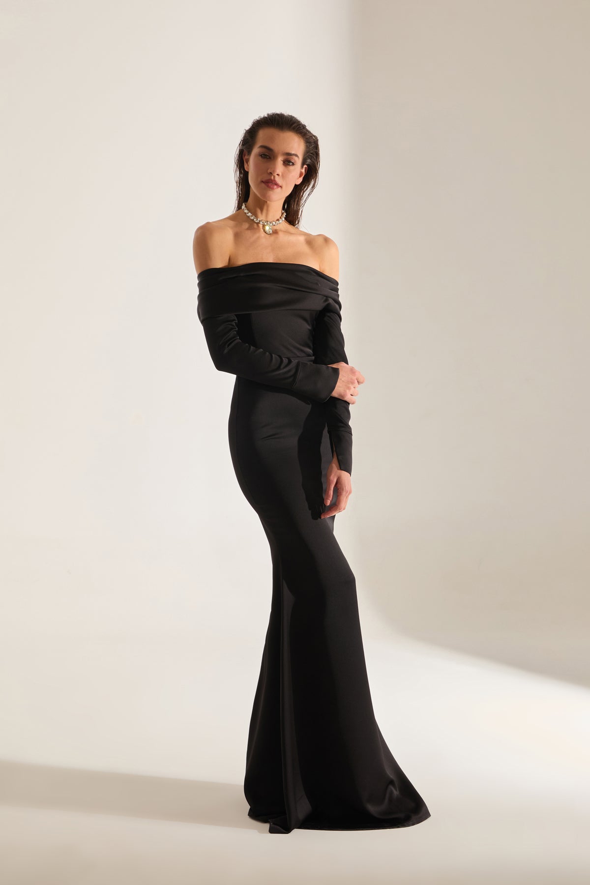 Clara Off-Shoulder BLACK Fish Tail Dress