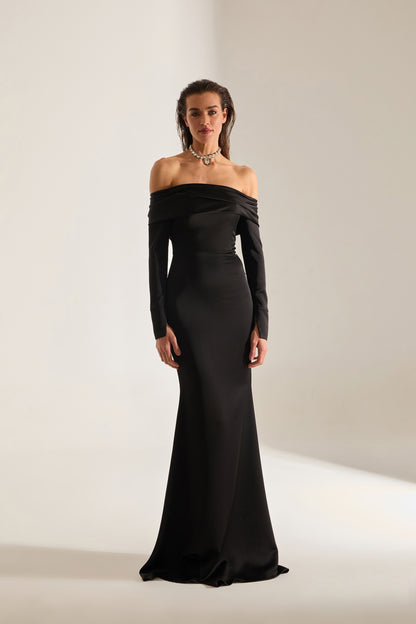 Clara Off-Shoulder BLACK Fish Tail Dress