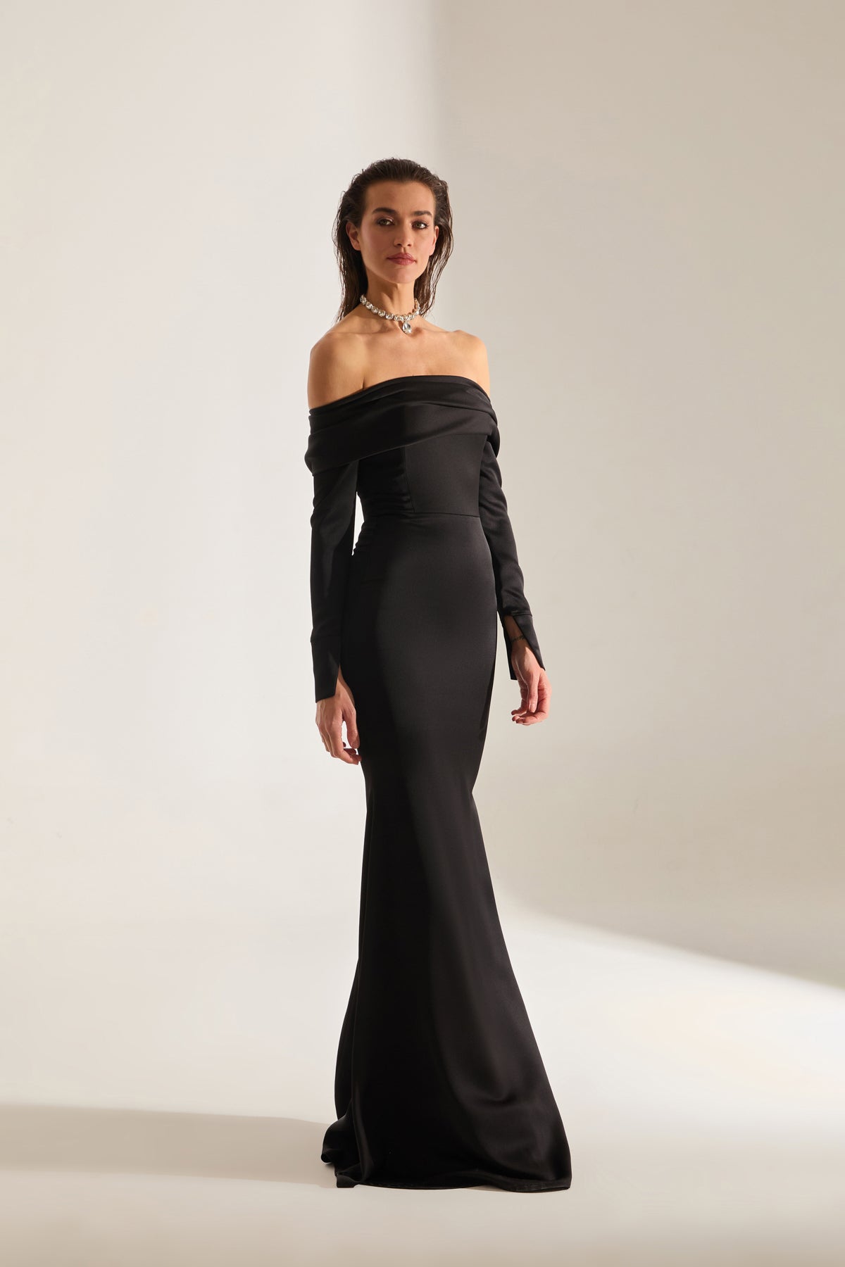 Clara Off-Shoulder BLACK Fish Tail Dress