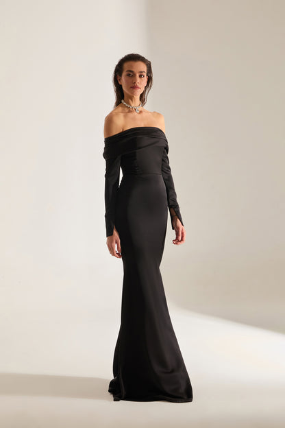 Clara Off-Shoulder BLACK Fish Tail Dress