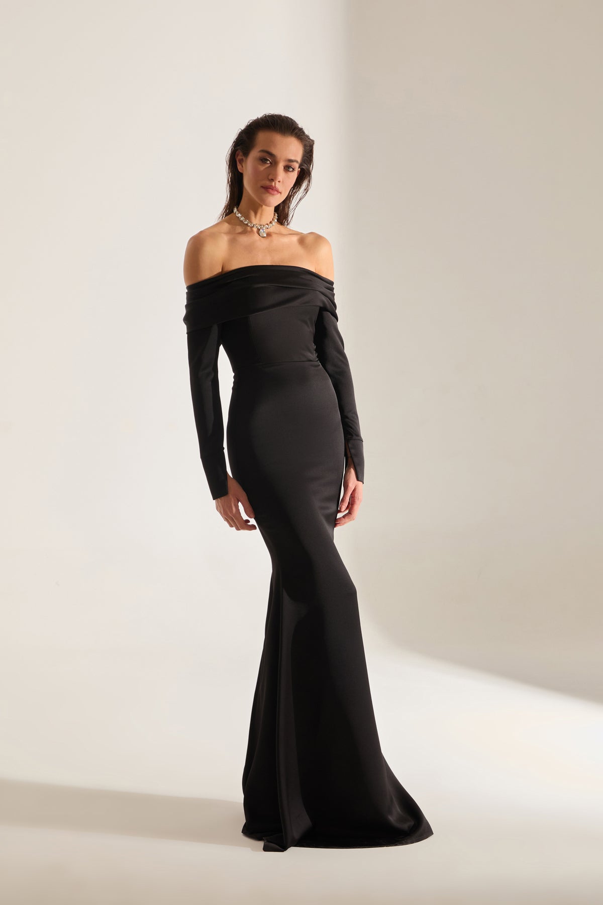 Clara Off-Shoulder BLACK Fish Tail Dress