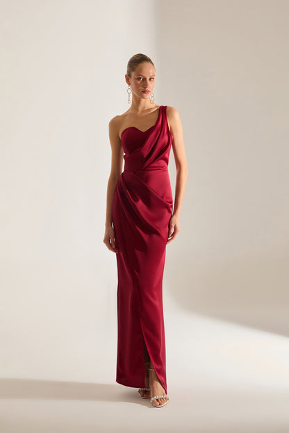 DARK RED EVENING DRESS WITH OLA TEK SLEEVE AND FLAG