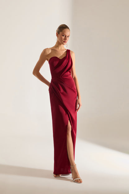 DARK RED EVENING DRESS WITH OLA TEK SLEEVE AND FLAG