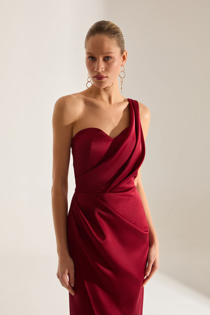 DARK RED EVENING DRESS WITH OLA TEK SLEEVE AND FLAG