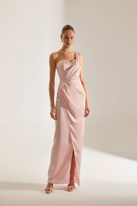 SLEEVELESS DRESS WITH DRAPED DETAIL IN POWDER PINK