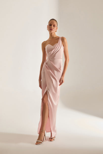 SLEEVELESS DRESS WITH DRAPED DETAIL IN POWDER PINK