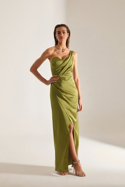 SLEEVELESS DRESS WITH DRAPED DETAIL IN LIGHT KHAKI