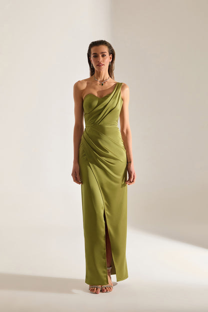 SLEEVELESS DRESS WITH DRAPED DETAIL IN LIGHT KHAKI