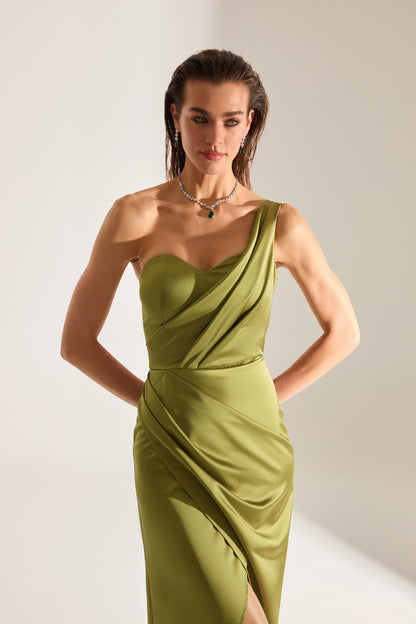 SLEEVELESS DRESS WITH DRAPED DETAIL IN LIGHT KHAKI