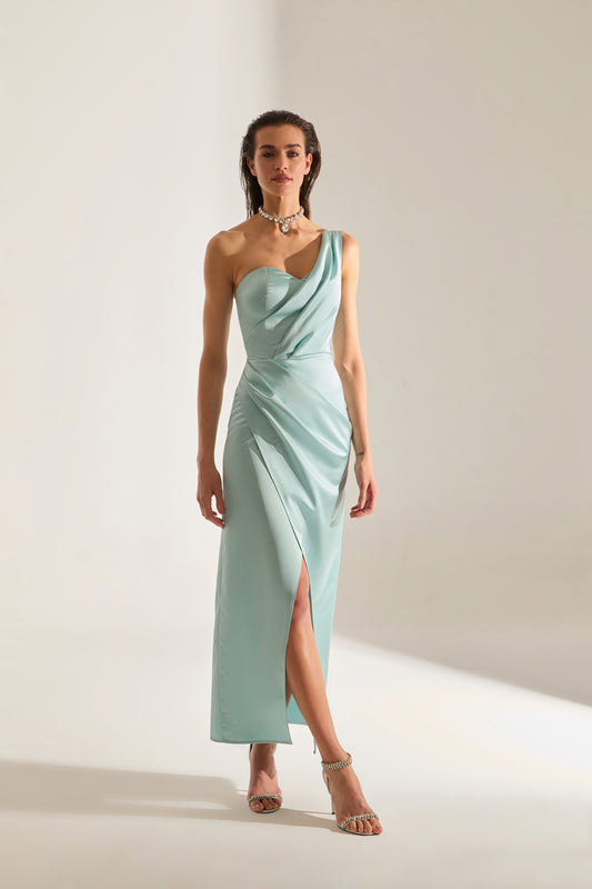 ROBE DE SOIRÉE TURQUOISE À MANCHES LONGUES