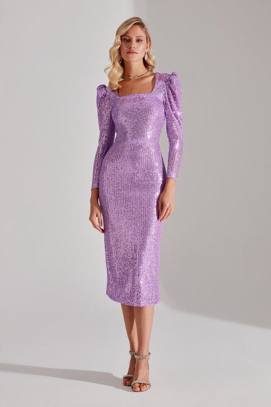 RENATA Shiny Lilac Square Neck Pencil Dress