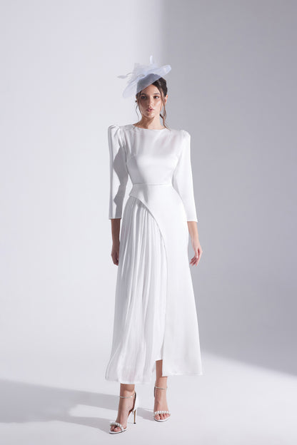 RIVA WHITE ASYMMETRICAL DETAILED CHIFFON SKIRT DRESS