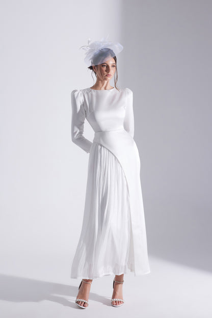 RIVA WHITE ASYMMETRICAL DETAILED CHIFFON SKIRT DRESS