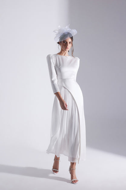 RIVA WHITE ASYMMETRICAL DETAILED CHIFFON SKIRT DRESS