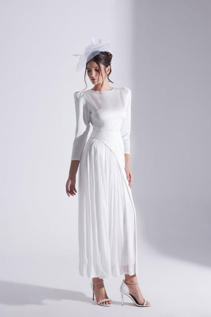 RIVA WHITE ASYMMETRICAL DETAILED CHIFFON SKIRT DRESS