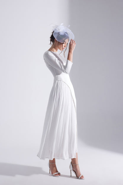 RIVA WHITE ASYMMETRICAL DETAILED CHIFFON SKIRT DRESS