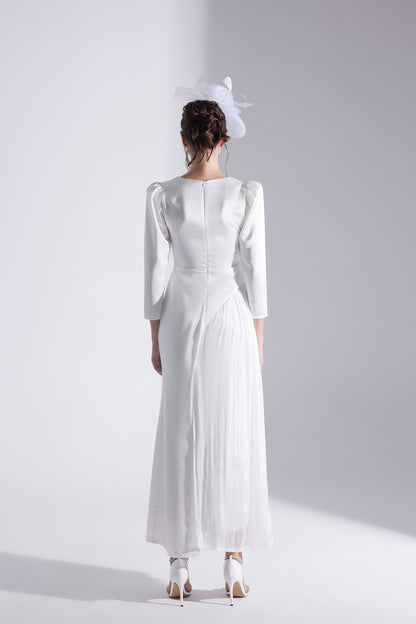 RIVA WHITE ASYMMETRICAL DETAILED CHIFFON SKIRT DRESS