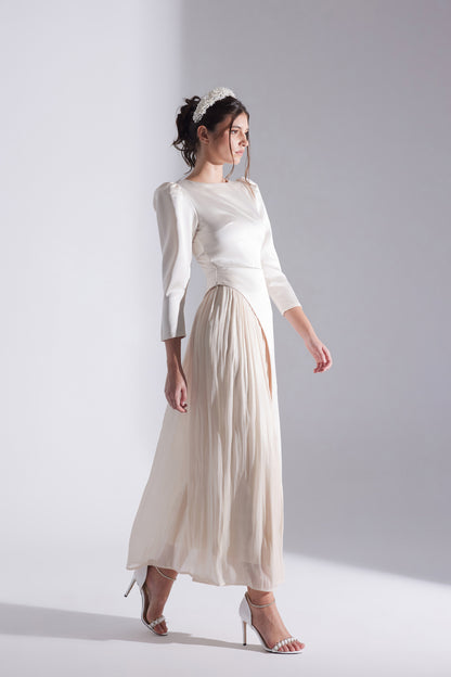 RIVA EKRU ASYMMETRICAL DETAILED CHIFFON SKIRT DRESS