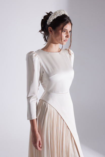 RIVA EKRU ASYMMETRICAL DETAILED CHIFFON SKIRT DRESS