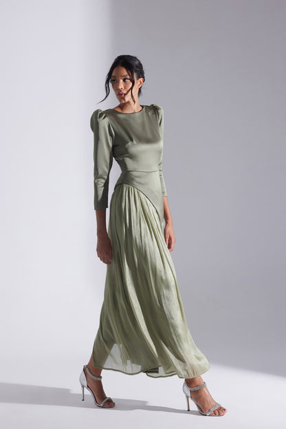 RIVA HAKİ ASYMMETRICAL DETAILED CHIFFON SKIRT DRESS