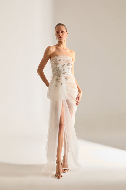 Olivia Stone Embellished White Tulle Dress