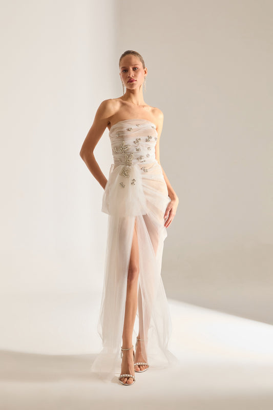 Olivia Stone Embellished White Tulle Dress