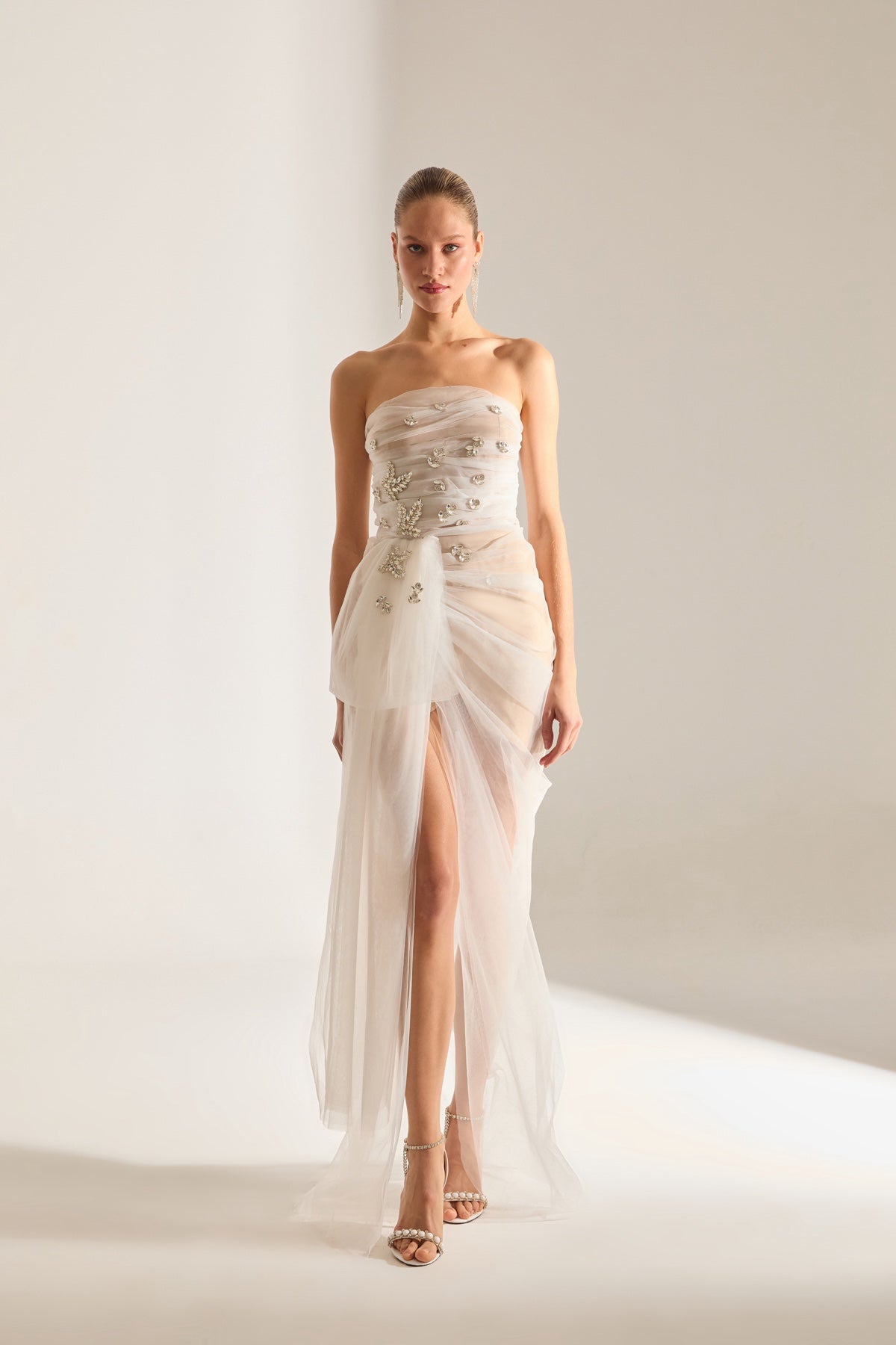 Olivia Stone Embellished White Tulle Dress