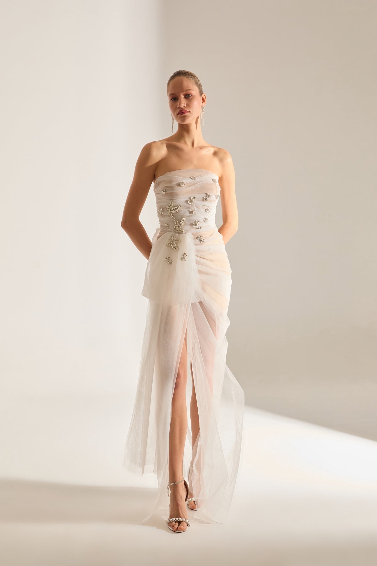 Olivia Stone Embellished White Tulle Dress