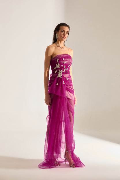 Olivia Taşverzierte Fuchsia Tüllkleid