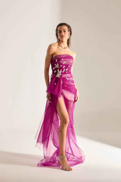 Olivia Taşverzierte Fuchsia Tüllkleid